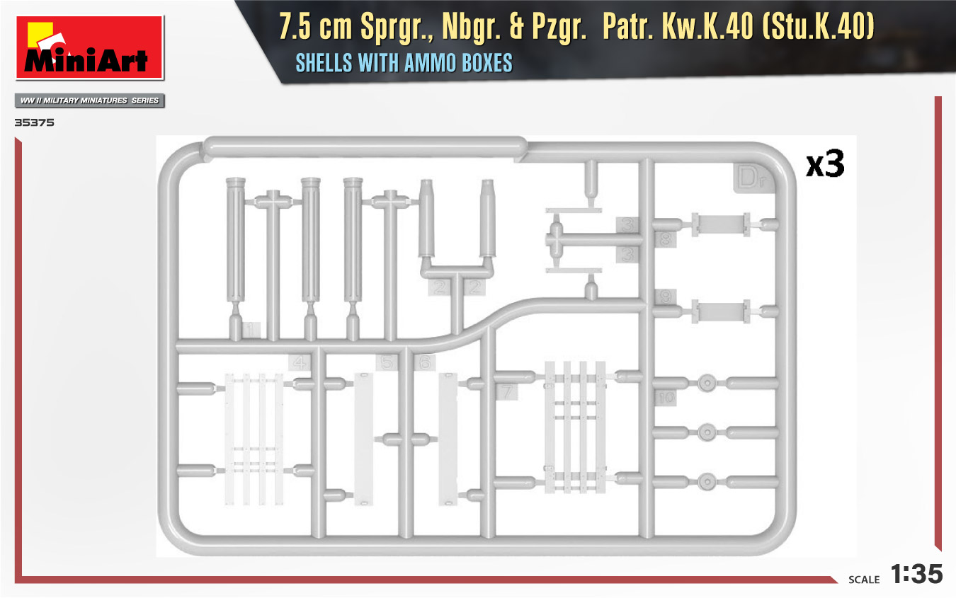 Mini Art 35375 7.5cm Sprgr. Nbgr. & Pzgr. Patr. Kw.K.40 (Stu.K.40) Shells with Ammo Boxes