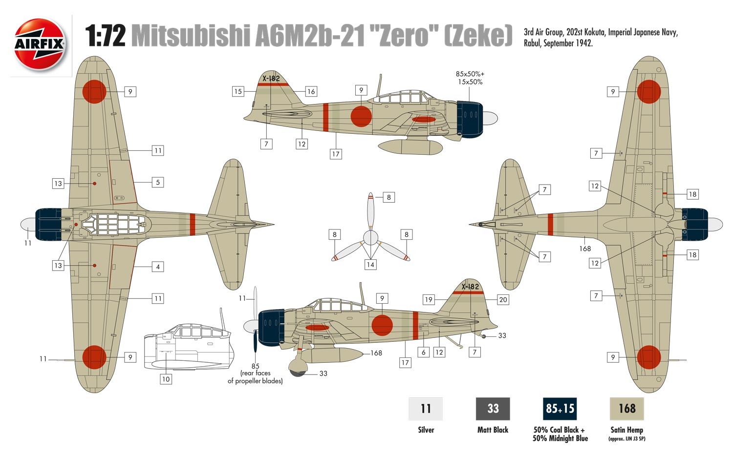 Airfix Mitsubishi A6M2b Zero 1:72 Scale Plastic Model Plane A01005A