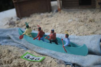 Timpo Toys G.340 Canoe with 4 Indians 2nd version 'turquoise with green emblem'