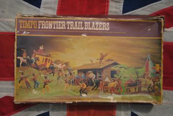 Timpo Toys 289 FRONTIER TRAIL BLAZERS 'Snap-together parts to make Range house, corral, Indian wigwam with stagecoach, Cowboys, Indians, totem pole and cacti'